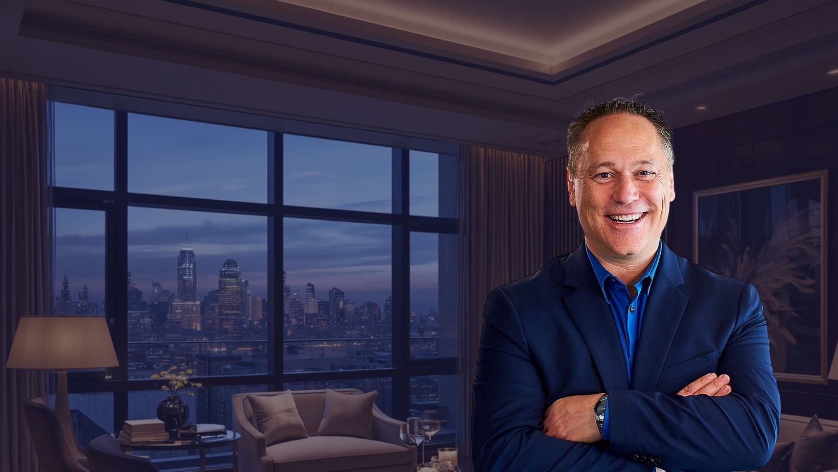 Trevor McGregor in a penthouse overlooking the city